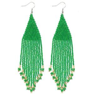 Green Bohemian Seed Bead Tassel Dangling Statement French Wire Hook Earrings